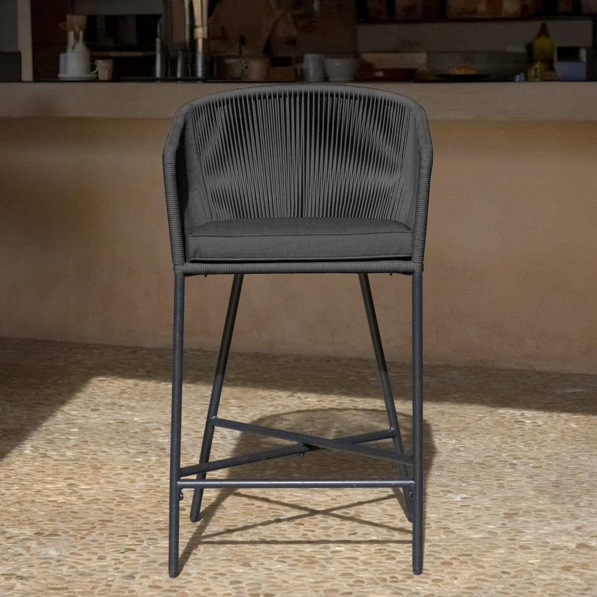 Hali Black Rope Garden Bar Stool with Cushion