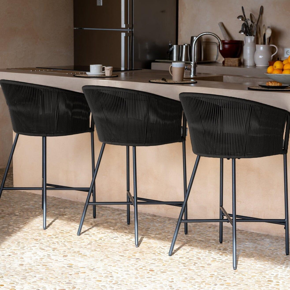 Hali Black Rope Garden Bar Stool with Cushion - Set of 4
