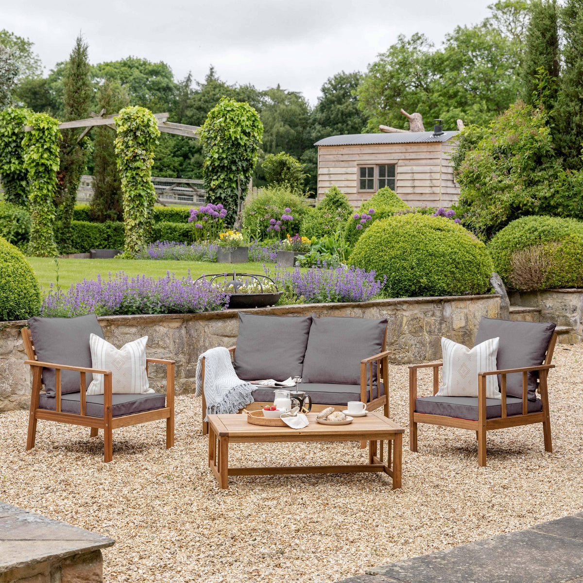 Harrelson Wooden Garden Sofa Set - Grey Cushions