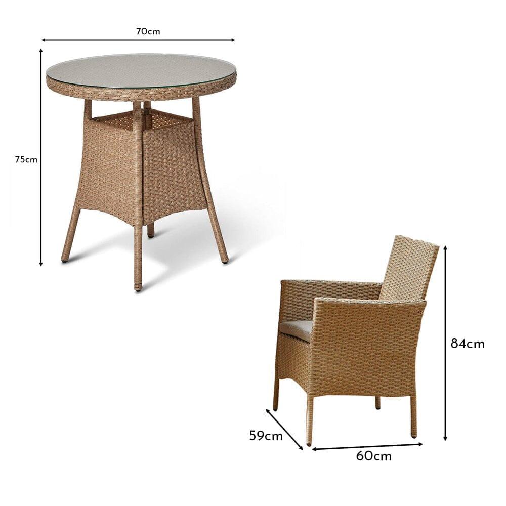 Kemble 2 Seater Rattan Garden Bistro Outdoor Dining Set - Natural Brown
