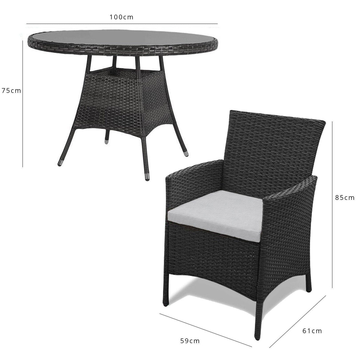 Kemble 4 Seater Rattan Round Garden Dining Table & Chair Set - Black