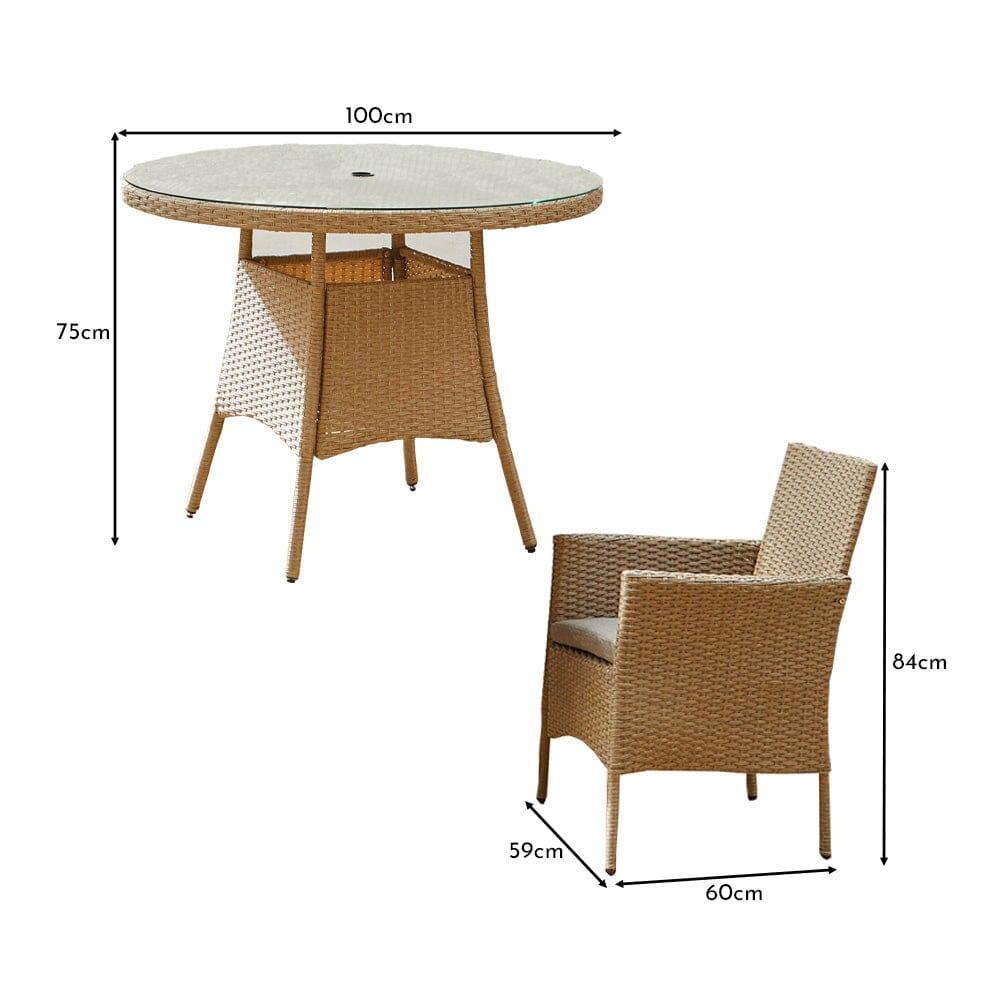 Kemble 4 Seater Rattan Round Garden Dining Table & Chair Set - Natural Brown