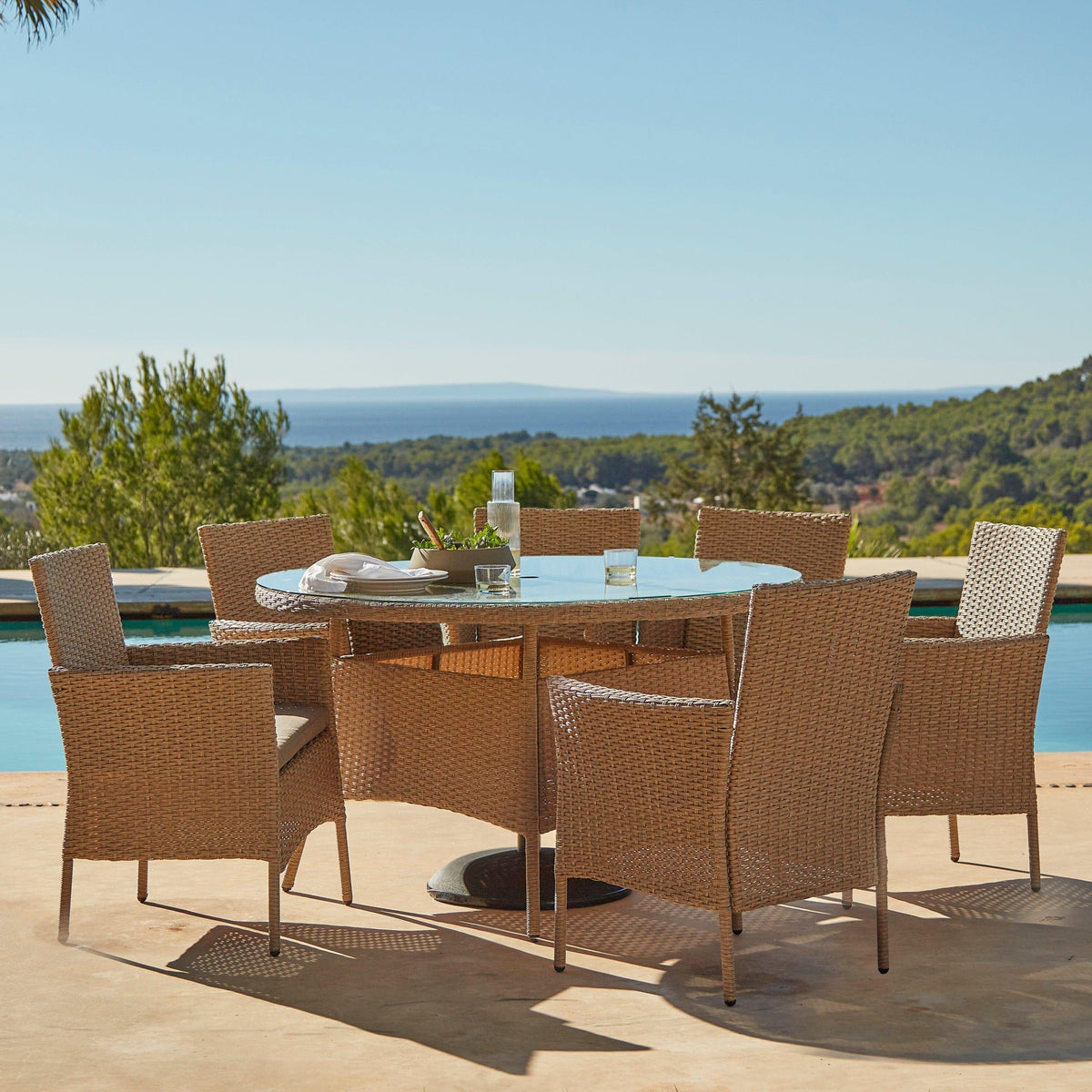 Kemble 6 Seater Rattan Round Garden Dining Table Set - Natural Brown