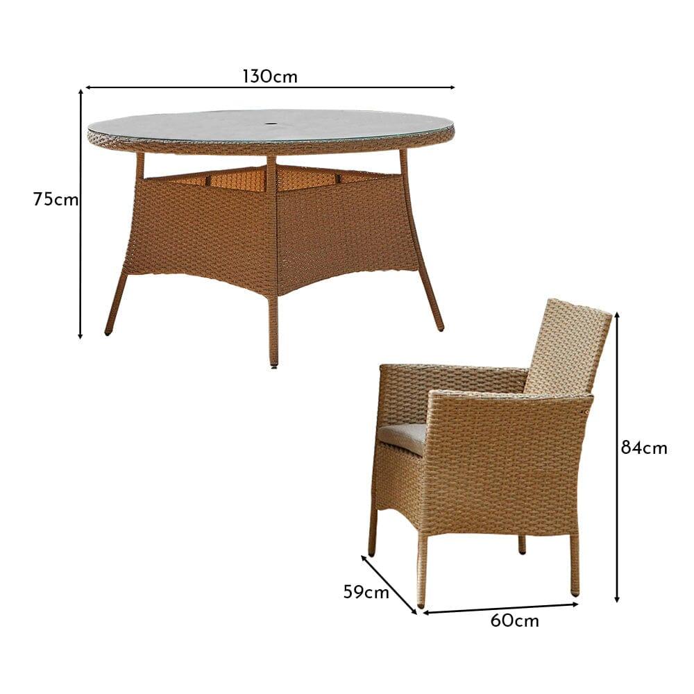 Kemble 6 Seater Rattan Round Garden Dining Table Set - Natural Brown