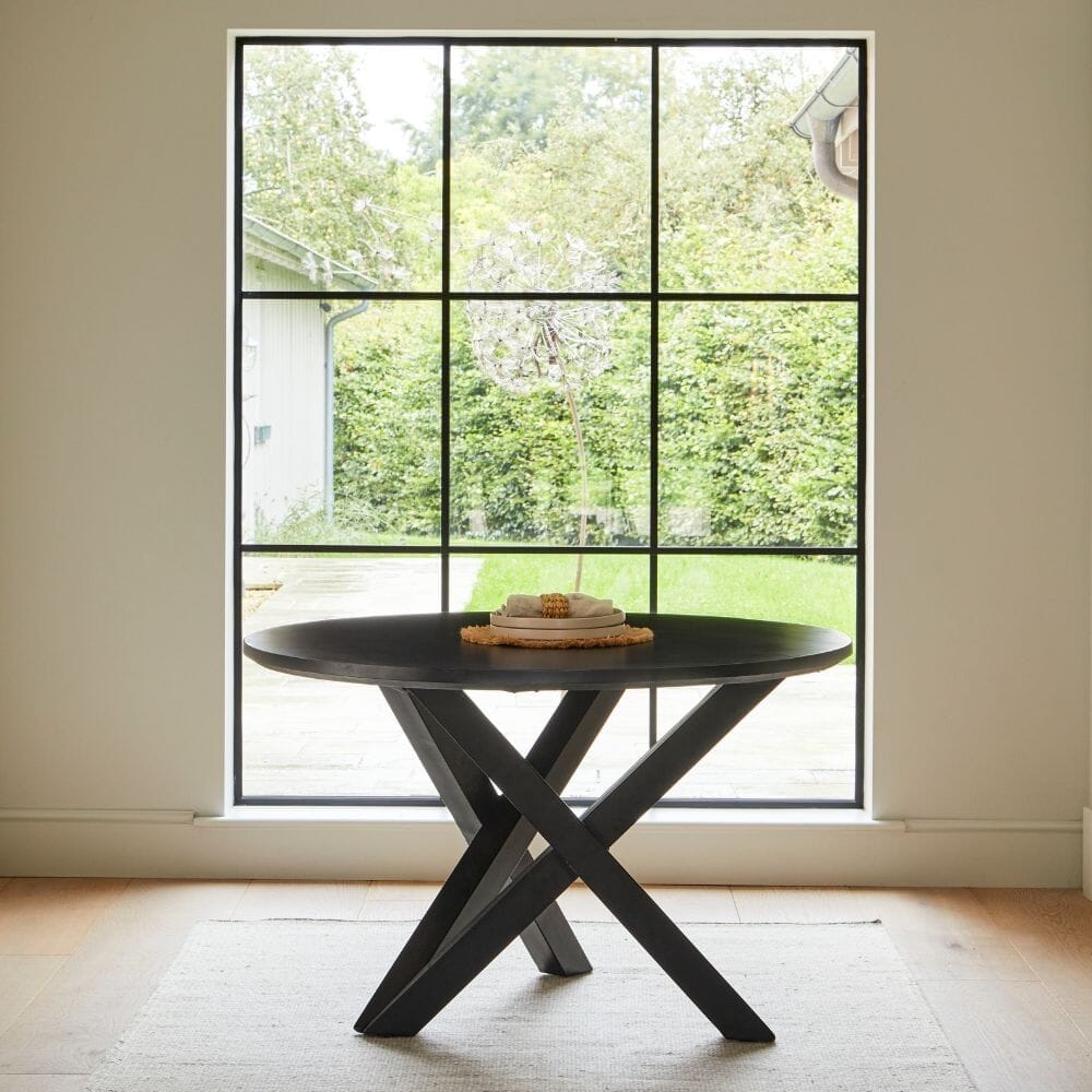Levi Black Round Dining Table Set - 4 Seater - Freya Boucle Dining Chairs with Black Legs