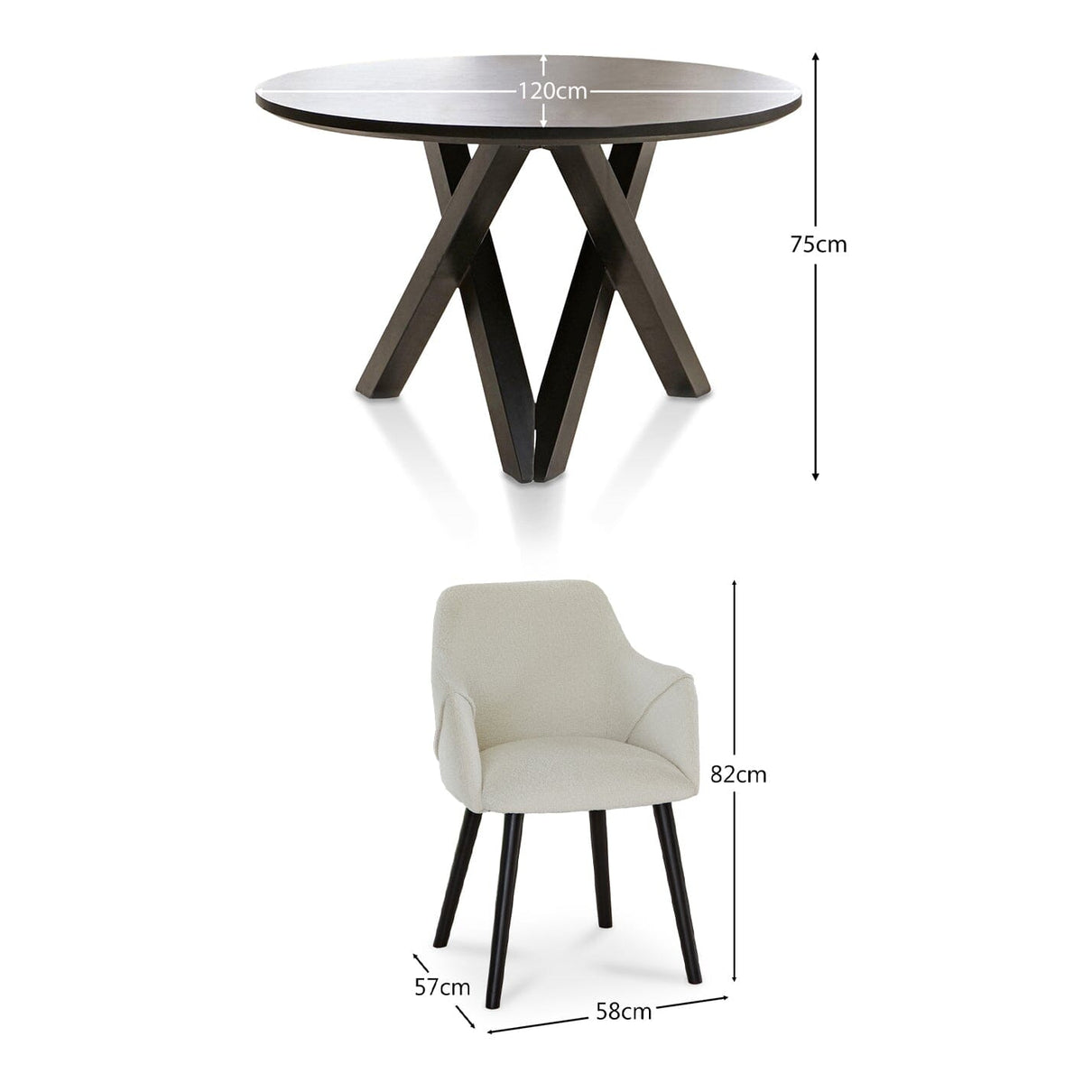 Levi Black Round Dining Table Set - 4 Seater - Freya Boucle Armchairs with Black Legs