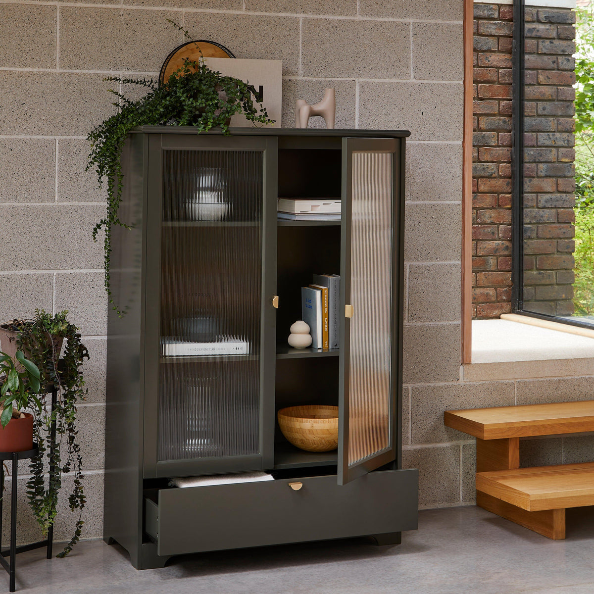 Lua Tall Cabinet in Fir Green with Fluted Glass