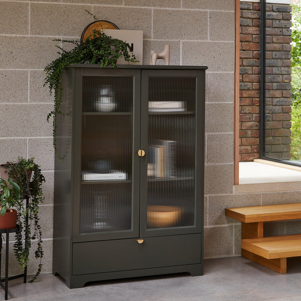 Lua Tall Cabinet in Fir Green with Fluted Glass