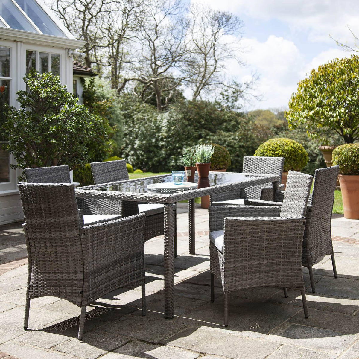 Marston 6 Seater Rattan Garden Dining Set - Grey - Glass Top