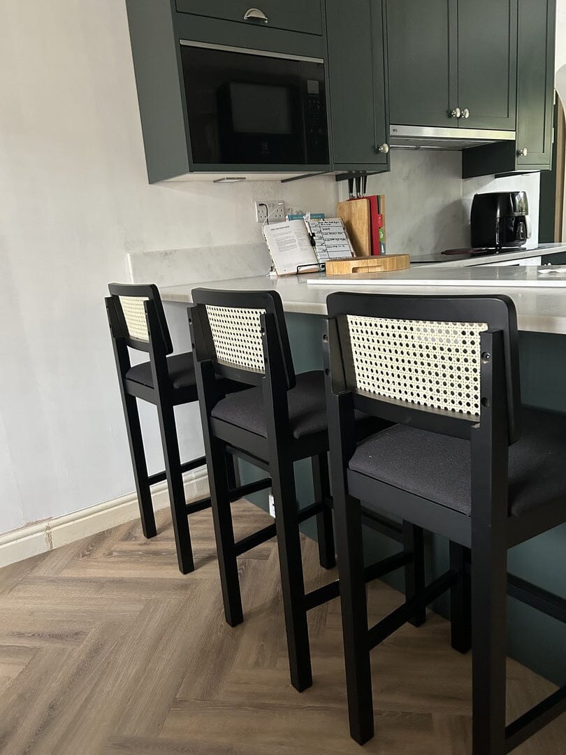 OUTLET - Charlie Black Cane Bar Stool - Wooden Footrest