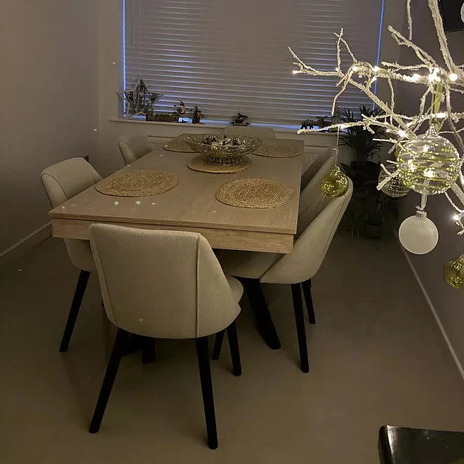 Amelia Whitewash Extendable Dining Table Set - 6 Seater - Freya Sand Dining Chairs - Black Legs