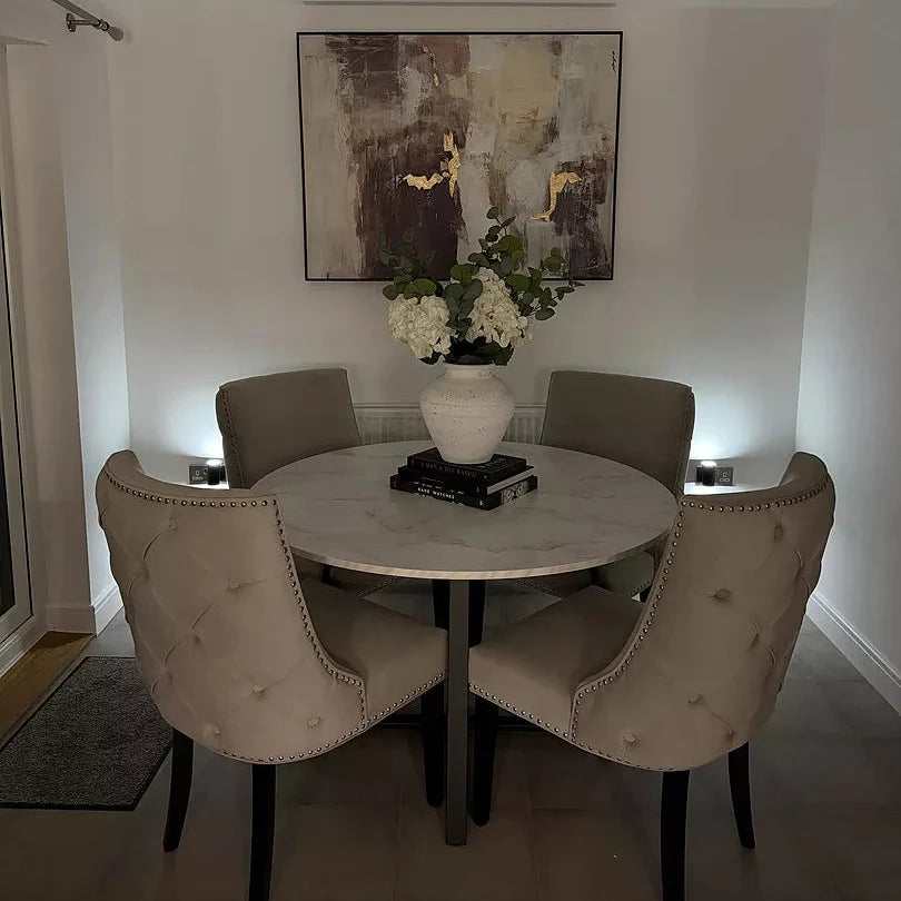 Clara Marble Effect Round Dining Table - Black Frame