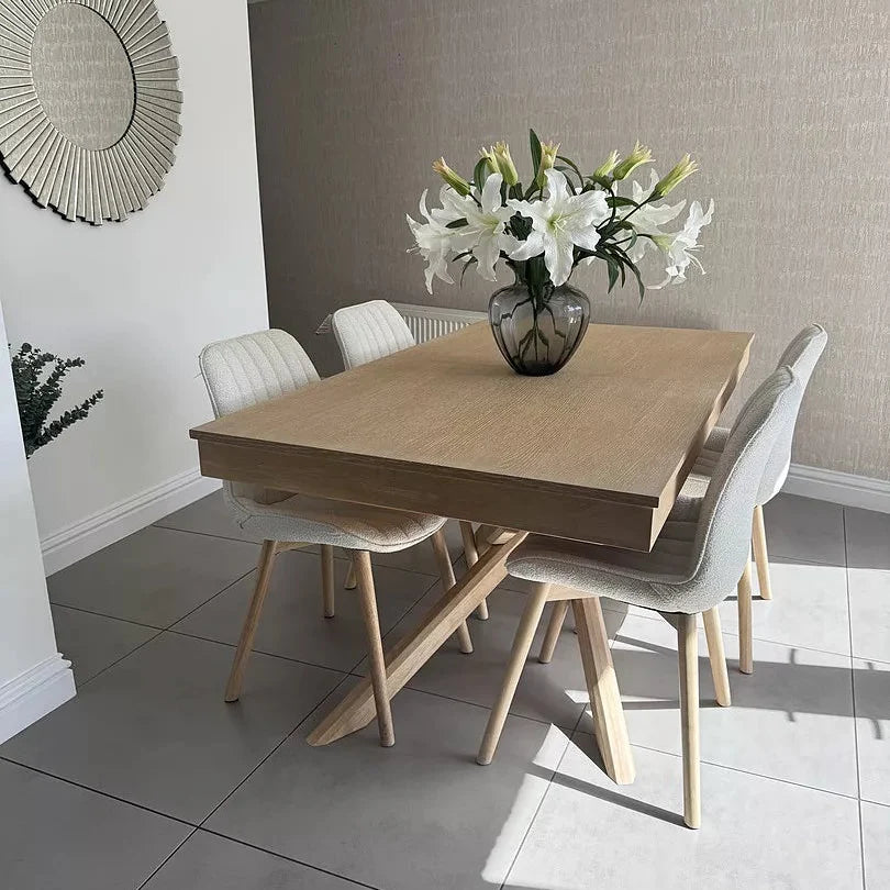 Amelia Whitewash Extending Dining Table Set - 6 Seater - Bella Light Beige Boucle Dining Chairs - Whitewash Legs