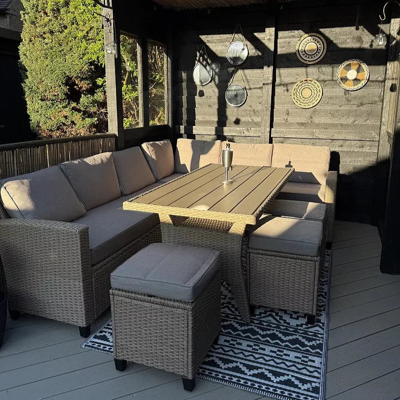 Aston 9 Seater Rattan Corner Sofa Set with Polywood Table Top - Natural Brown