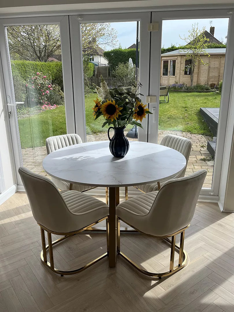 Clara Marble Effect Round Dining Table - Gold Frame