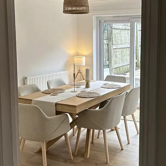 Amelia Whitewash Dining Table Set - 6 Seater - Freya Sand Dining Chairs - Whitewash Oak Legs