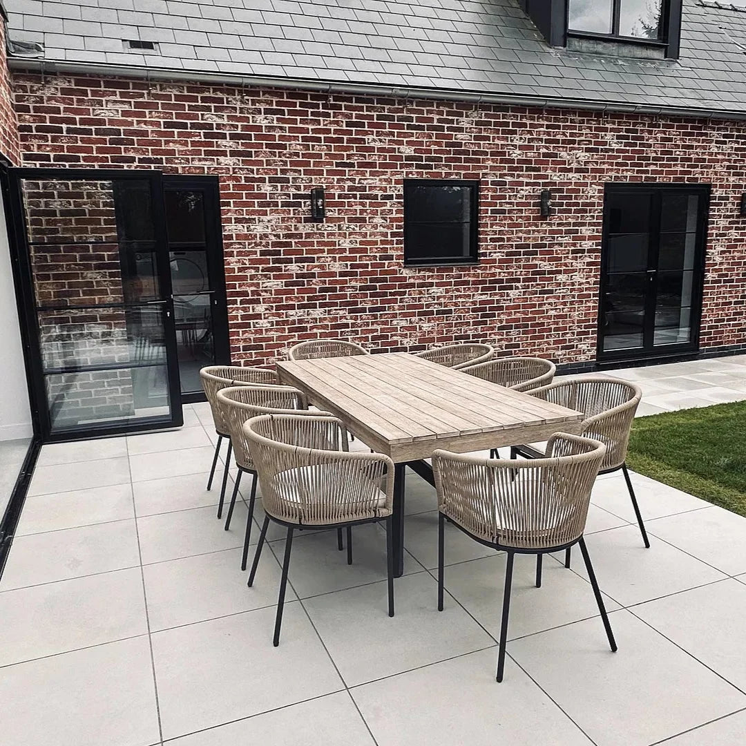 Amelia 8 Seater Wooden Garden Dining Set with 8 Hali Natural Chairs - Light Brushed Acacia with Black Legs