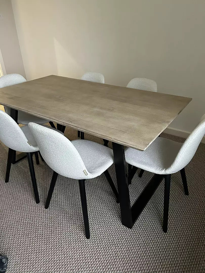 Atlas Chalked Mango Wood Dining Table Set - 6 Seater - Ellis Light Beige Boucle Dining Chairs - Black Oak Legs