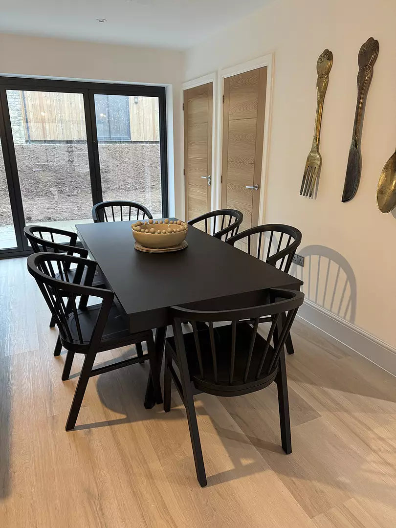 Amelia Black Extendable Dining Table Set - 6 Seater - Mabel Black Spindle Back Chairs