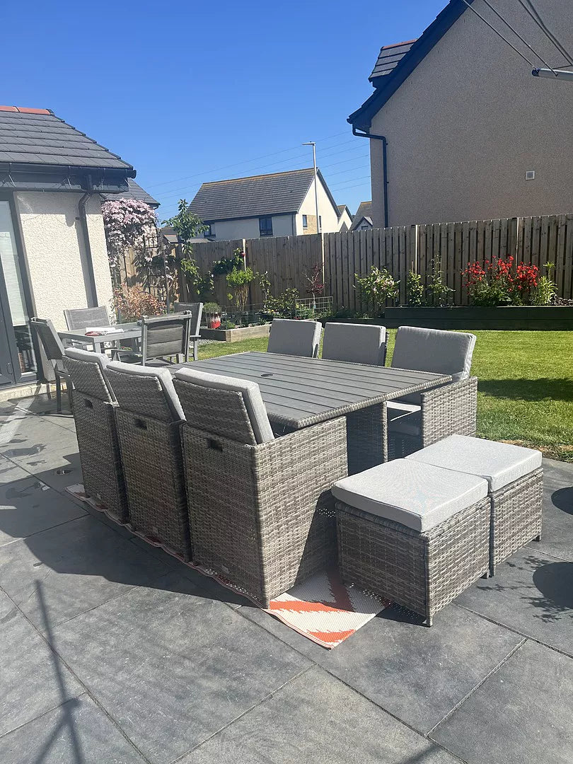 Cube 10 Seater Rattan Outdoor Dining Set - Grey Weave Polywood Top