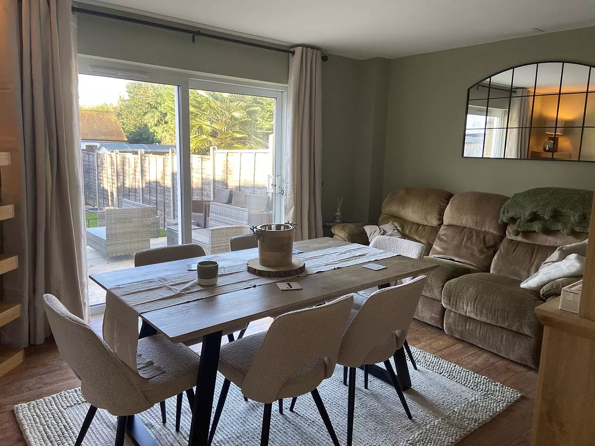 Atlas Chalked Mango Wood Dining Table Set - 6 Seater - Dolly Cream Boucle Dining Chairs - Black Legs