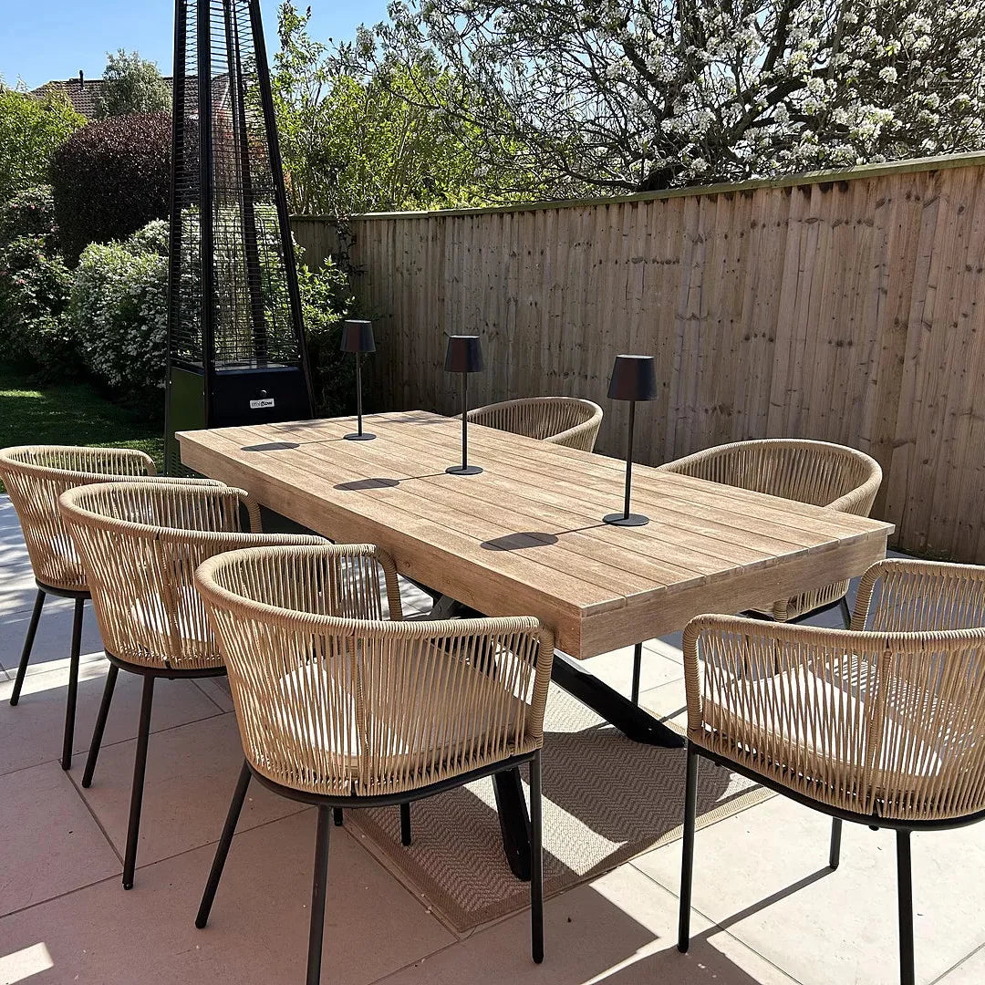 Amelia 8 Seater Wooden Garden Dining Set with 8 Hali Natural Chairs - Light Brushed Acacia with Black Legs