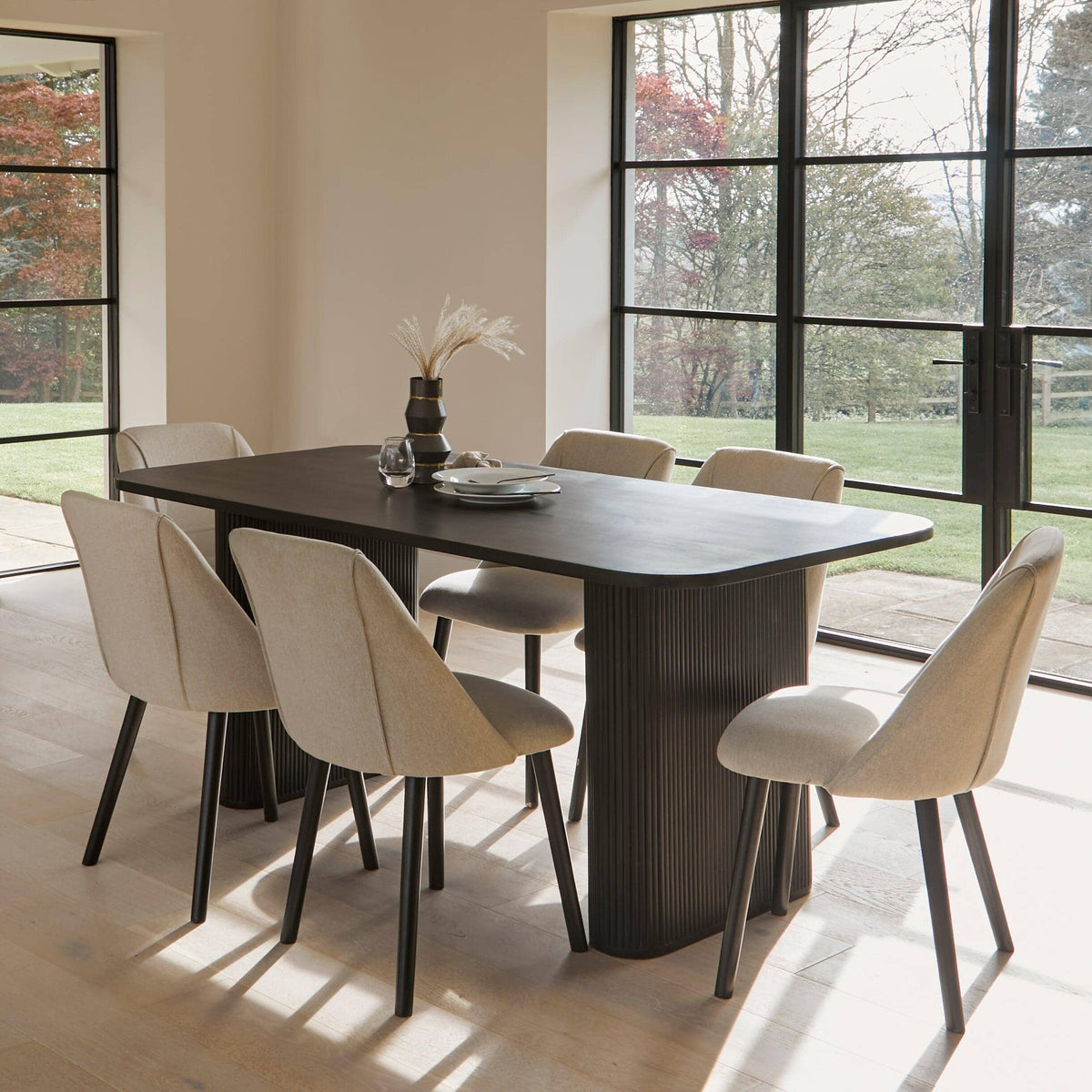 Orla Black Wooden Dining Table Set - 6 Seater - Freya Sand Dining Chairs - Black Oak Legs
