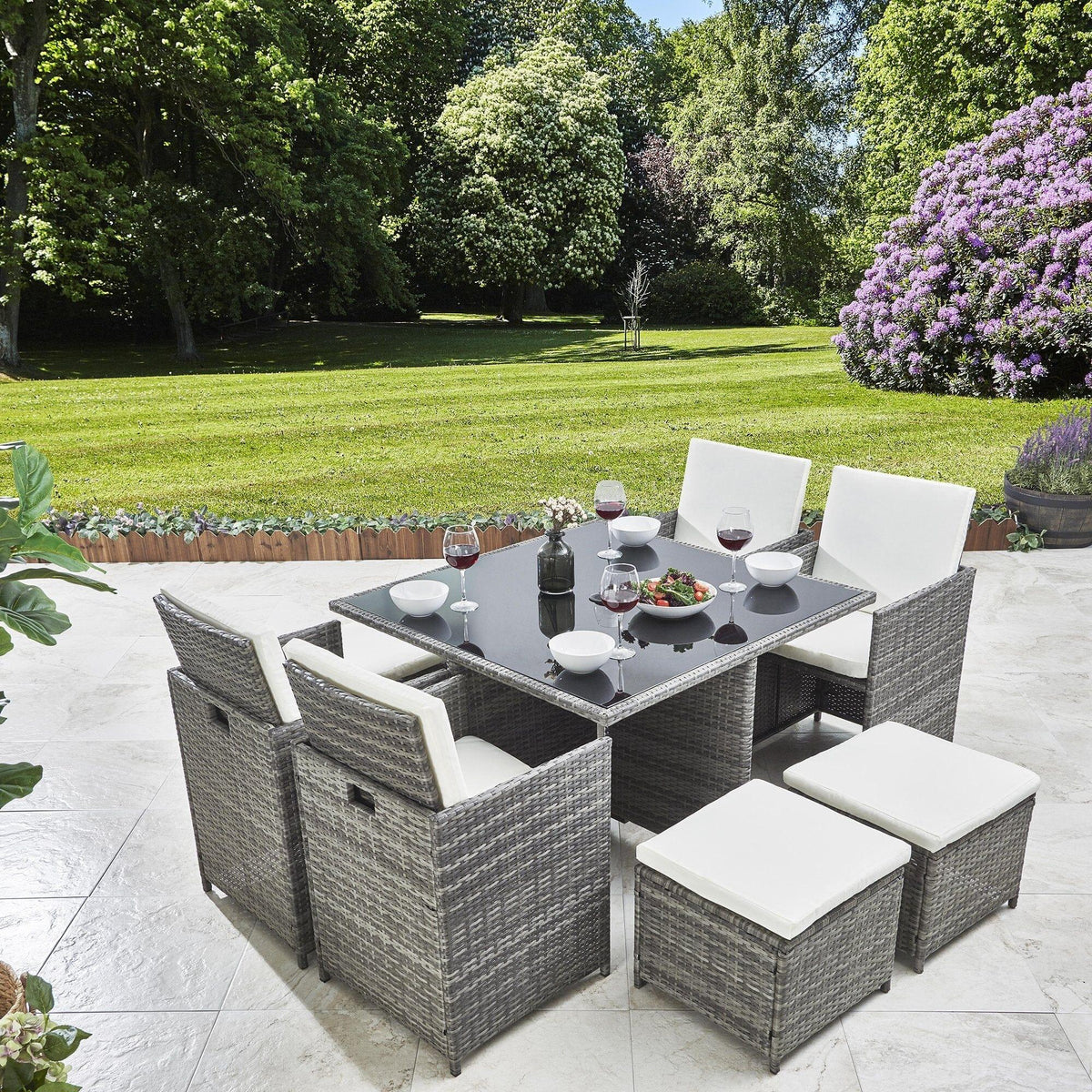 OUTLET - 8 Seater Rattan Cube Outdoor Dining Set - Grey Weave with Cream Cushions