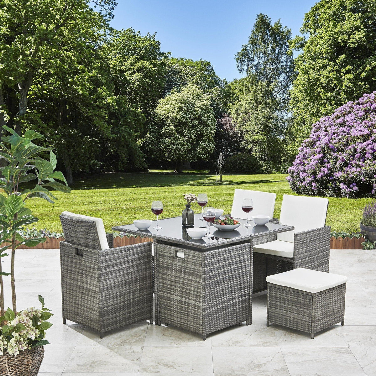 OUTLET - 8 Seater Rattan Cube Outdoor Dining Set - Grey Weave with Cream Cushions
