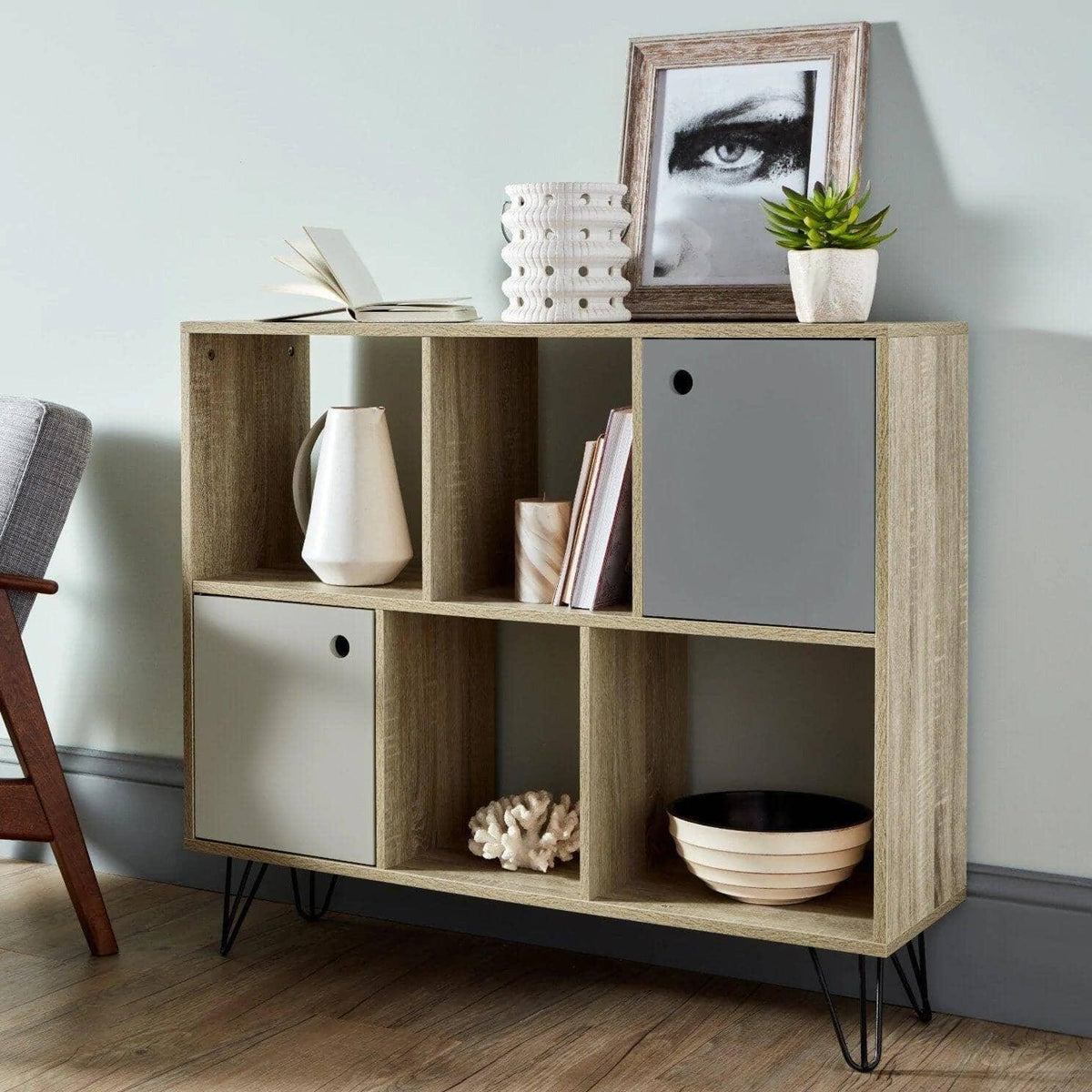 OUTLET - Anderson Cube Storage Unit - Oak Effect with Grey Cupboards