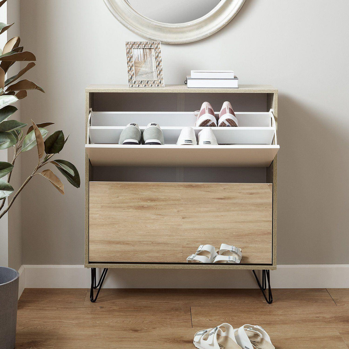 OUTLET - Anderson Shoe Cabinet - 2 Door - Oak Effect & White