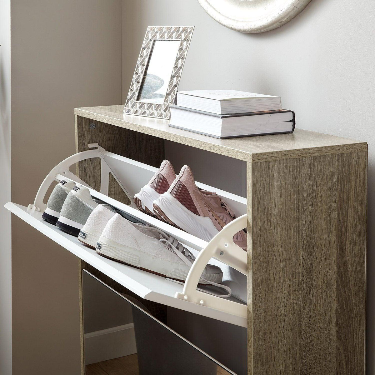 OUTLET - Anderson Shoe Cabinet - 2 Door - Oak Effect & White