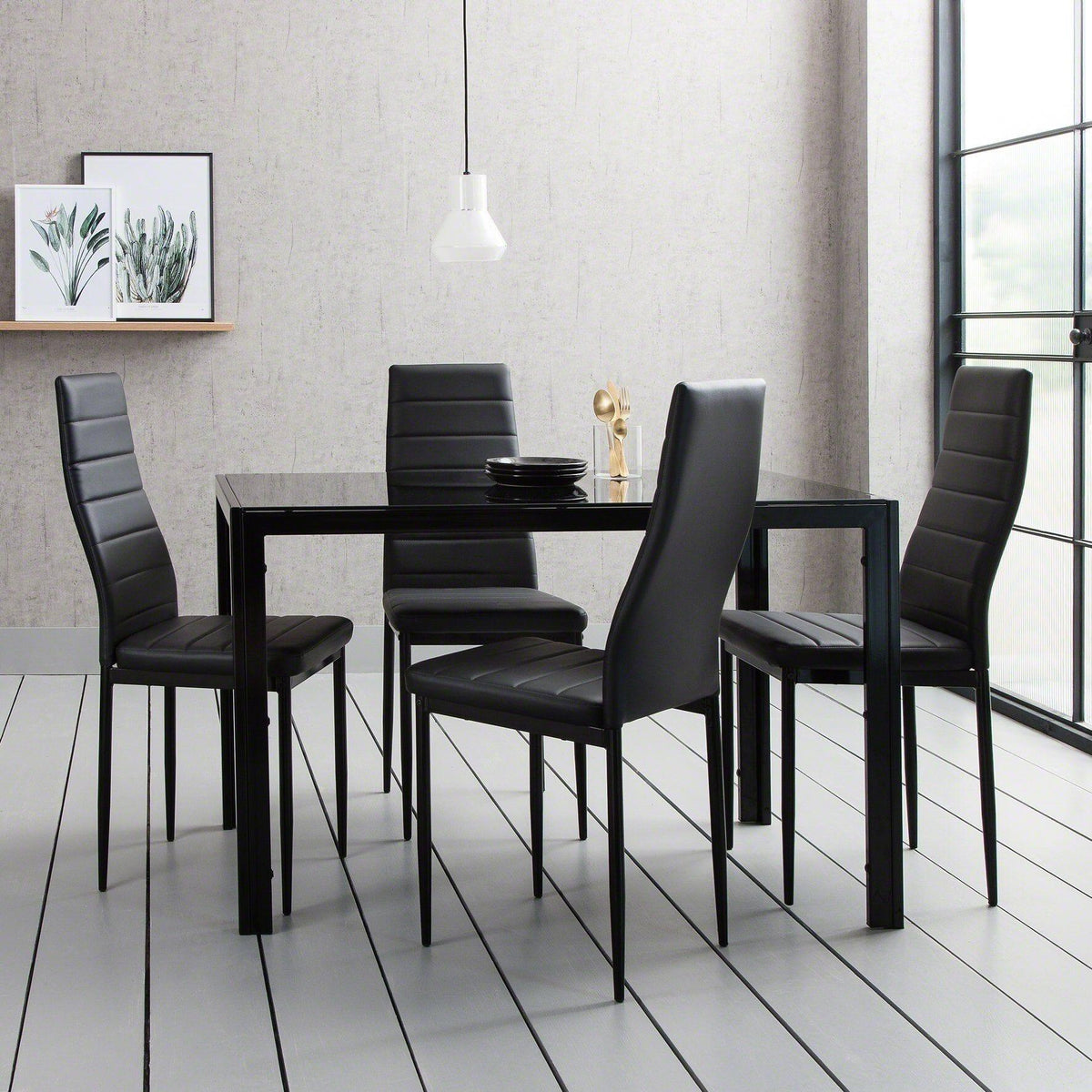 OUTLET - Anya Glass Dining Table Set - 4 Seater - Black Faux Leather Dining Chairs