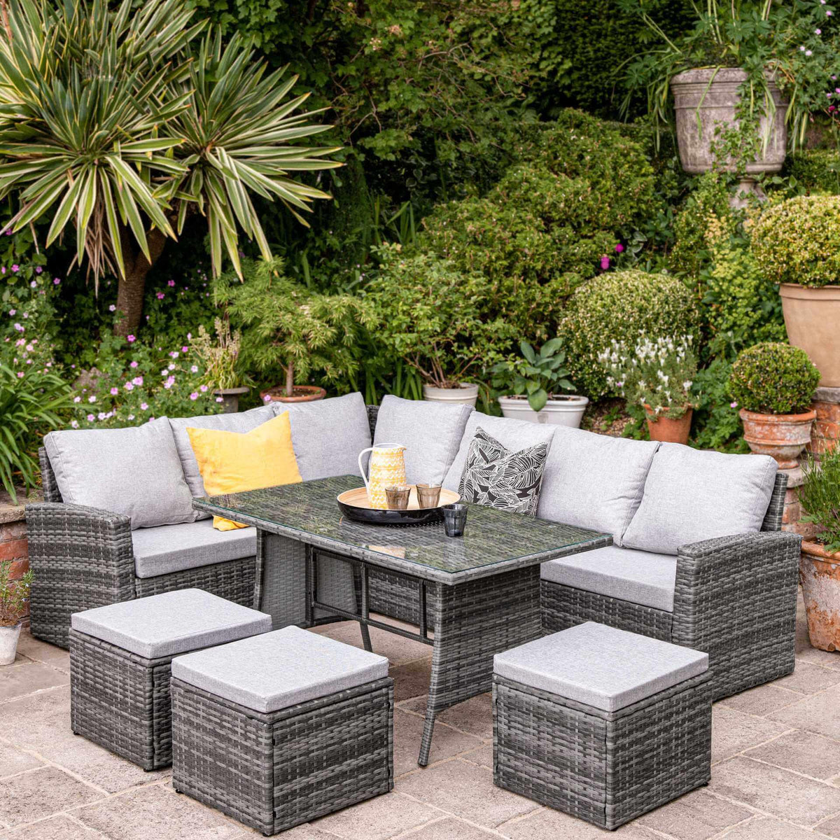 OUTLET - Aston 9 Seater Rattan Corner Sofa Set with Black Glass Table Top - Grey