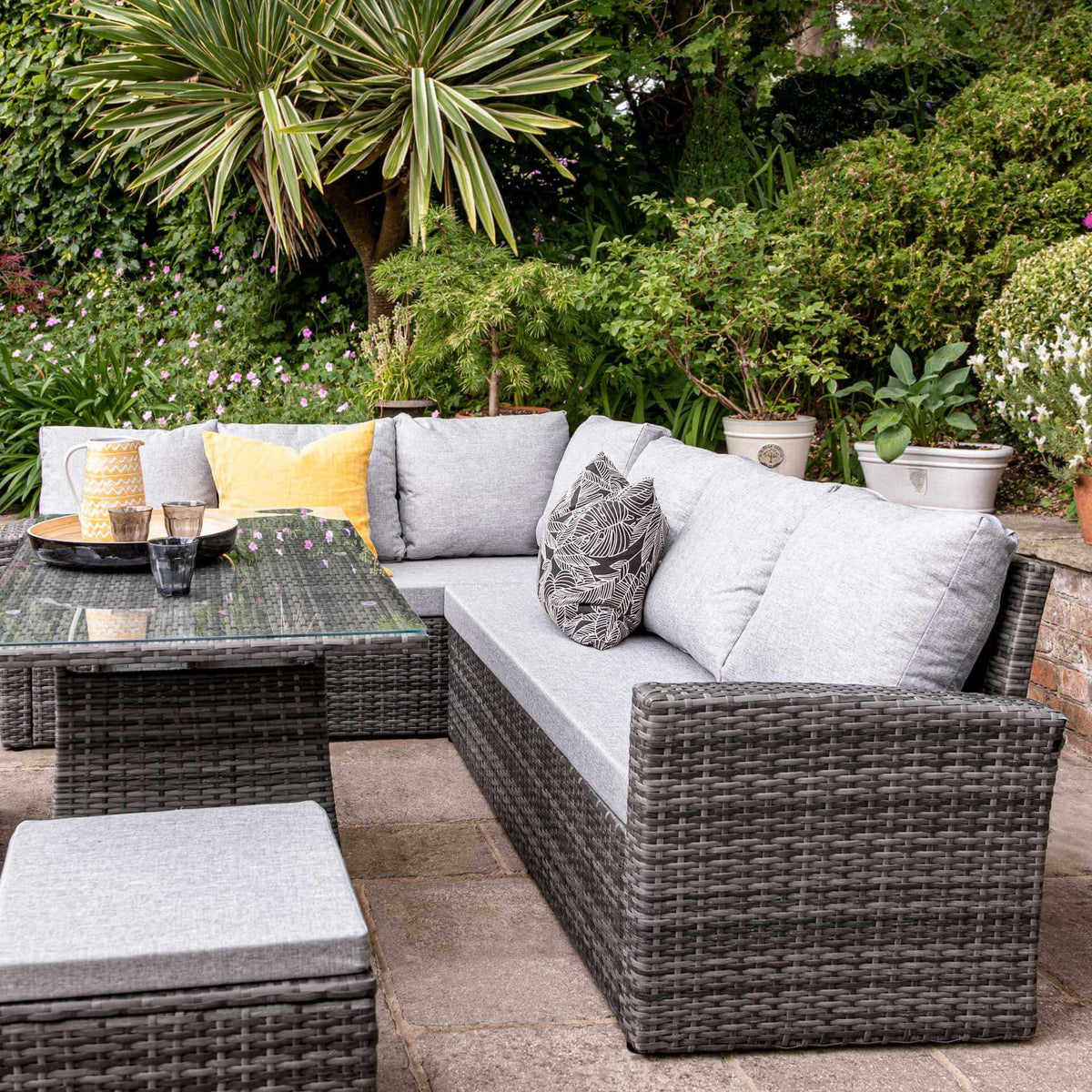 OUTLET - Aston 9 Seater Rattan Corner Sofa Set with Black Glass Table Top - Grey