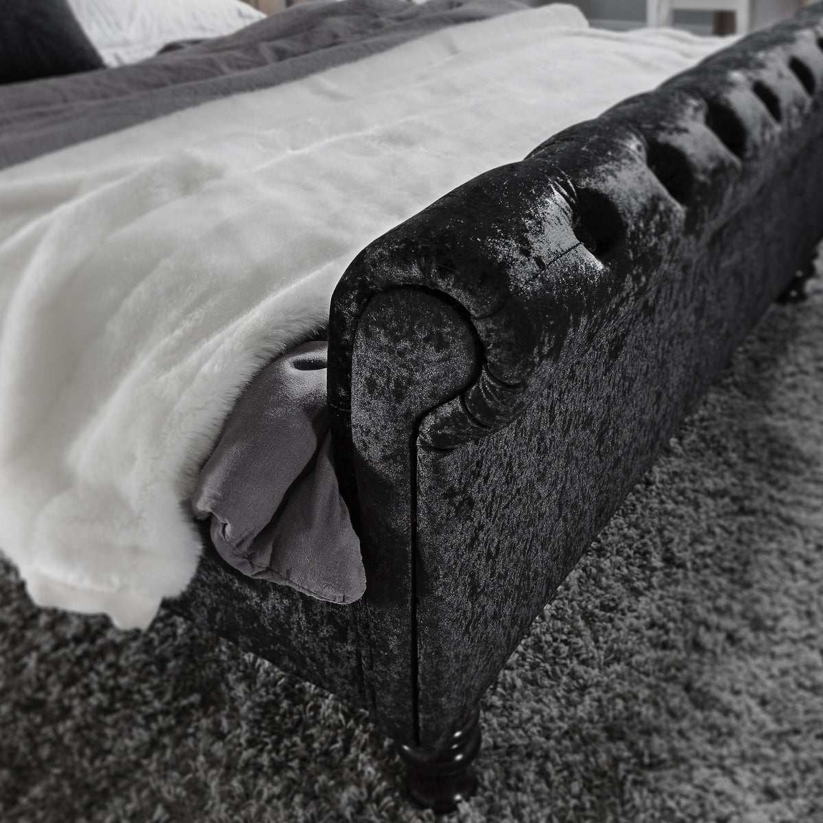 Outlet - Black Crushed Velvet Sleigh Bed Frame King Size