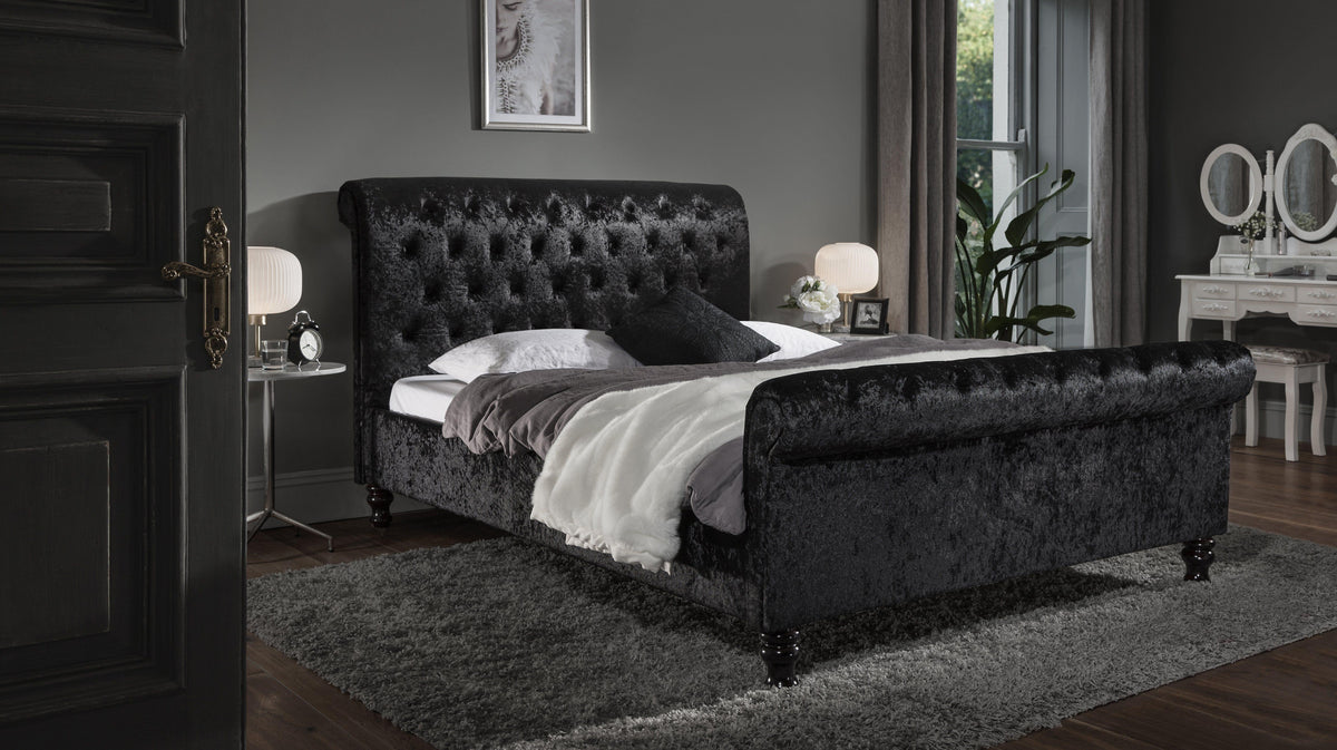 Outlet - Black Crushed Velvet Sleigh Bed Frame King Size