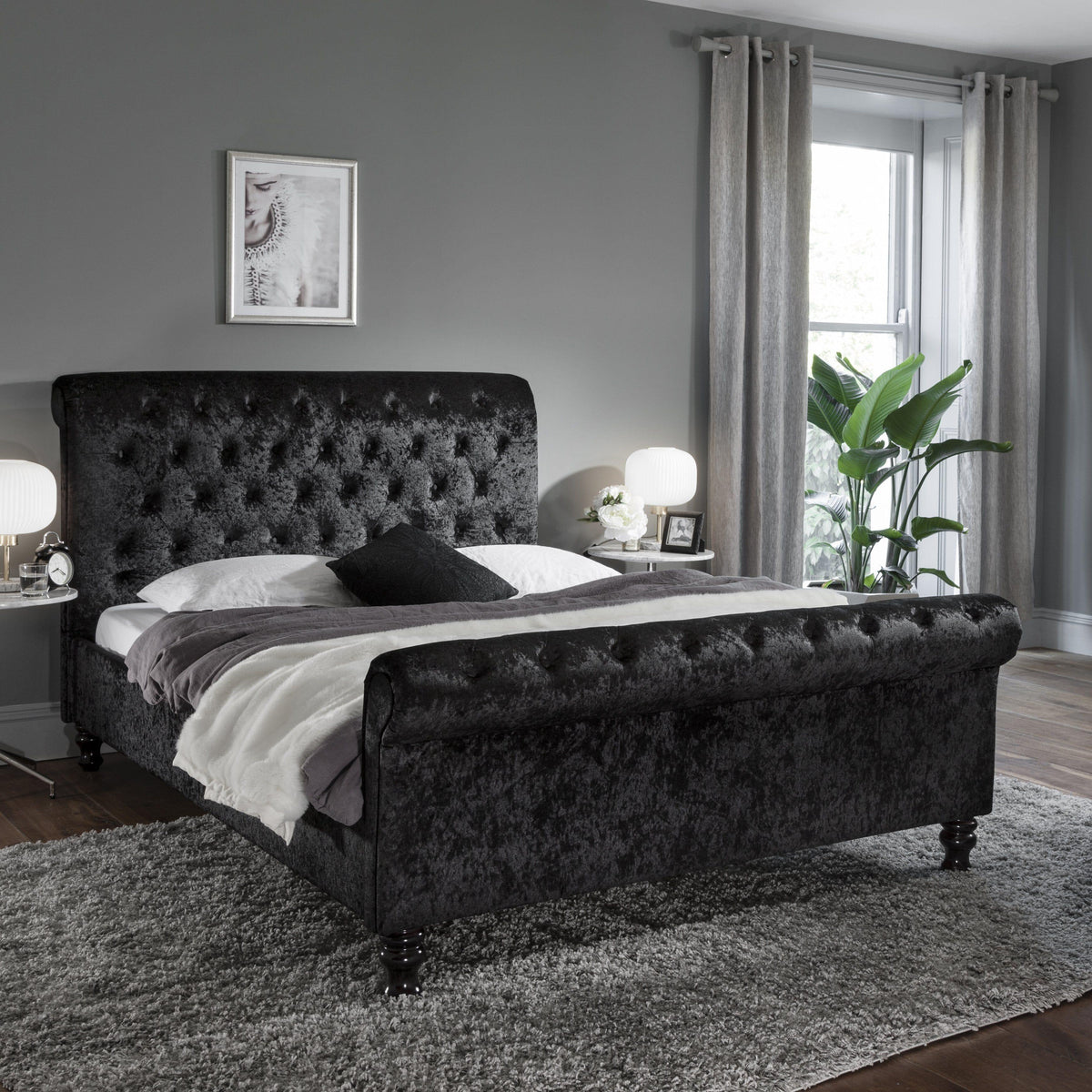 Outlet - Black Crushed Velvet Sleigh Bed Frame King Size