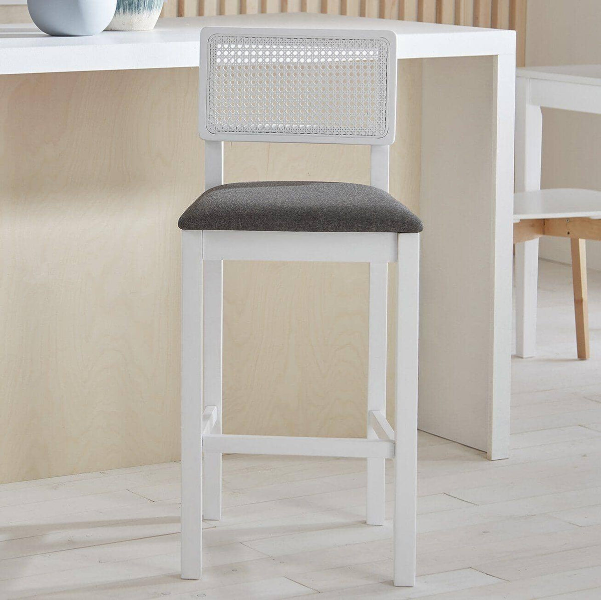 OUTLET - Charlie White Cane Bar Stool - White Legs