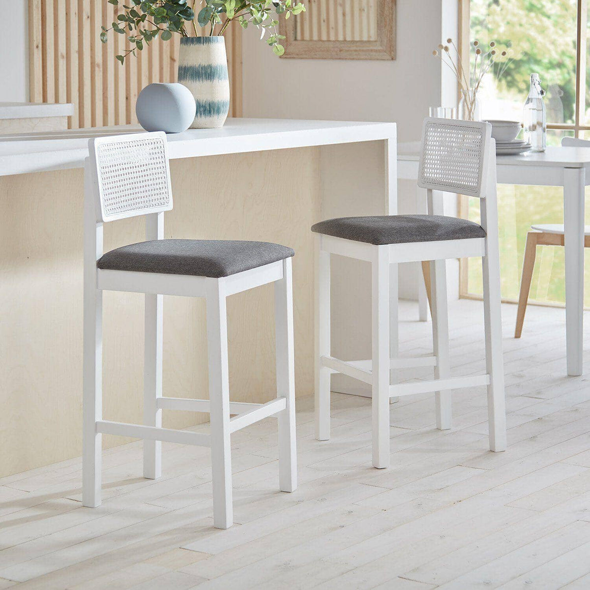 OUTLET - Charlie White Cane Bar Stool - White Legs