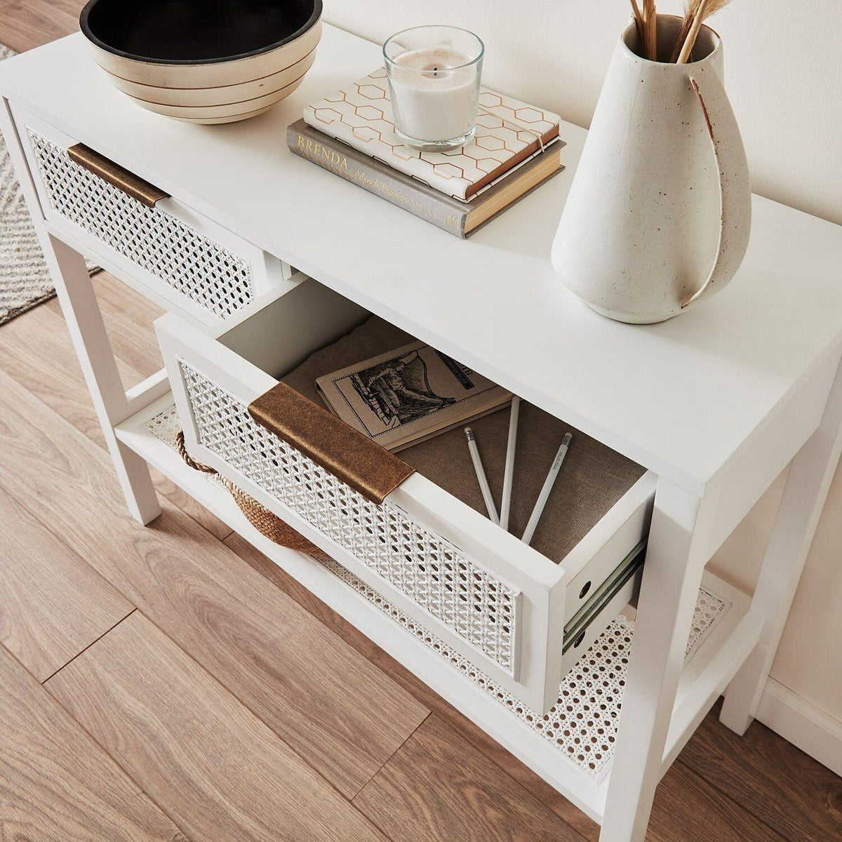 OUTLET - Charlie White 2 Drawer Console Table - Cane Draws