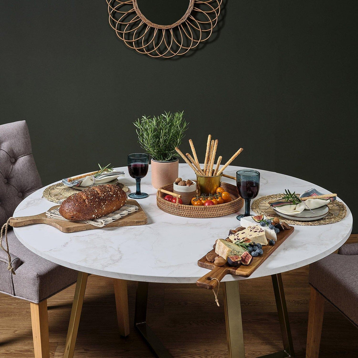 OUTLET - Clara Marble Effect Round Dining Table - Gold Frame
