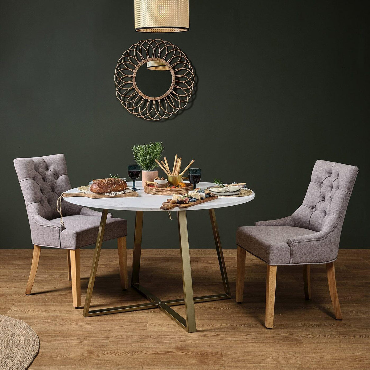 OUTLET - Clara Marble Effect Round Dining Table - Gold Frame