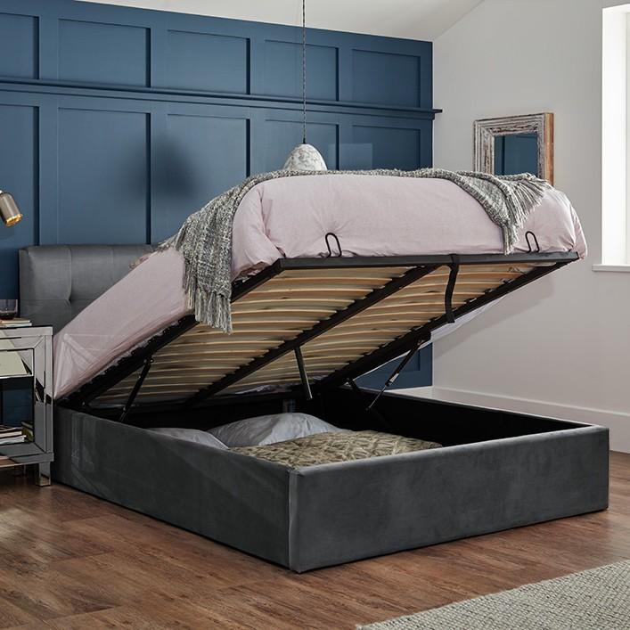 Outlet - Elle Double Ottoman Bed - Grey Velvet