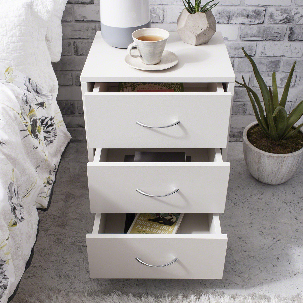 OUTLET - Essie 3 Drawer Bedside Table - White