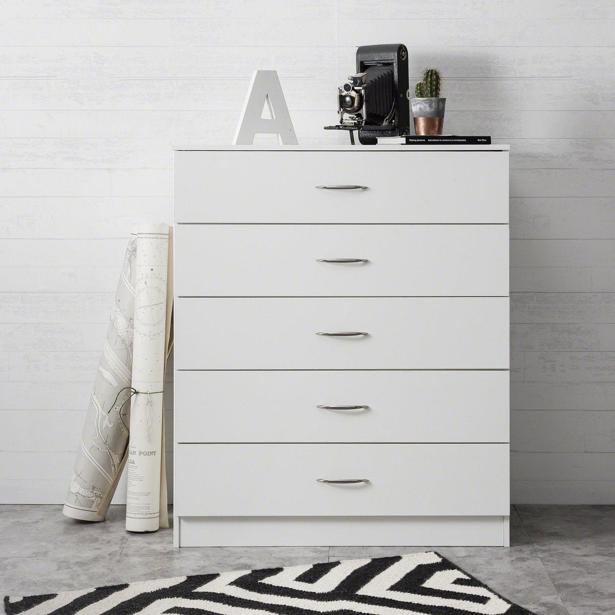 OUTLET - White tall chest of 5 drawers