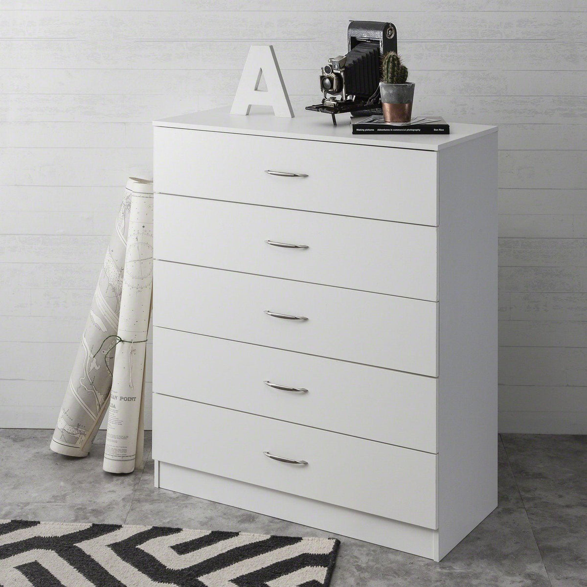 OUTLET - White tall chest of 5 drawers