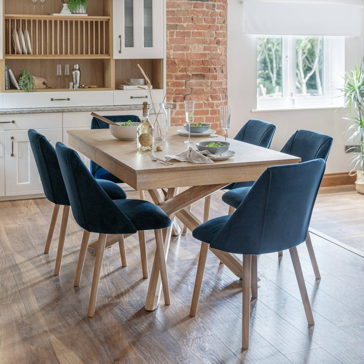OUTLET - Freya Blue Velvet Dining Chairs - Set of 2 - Whitewash Oak Legs