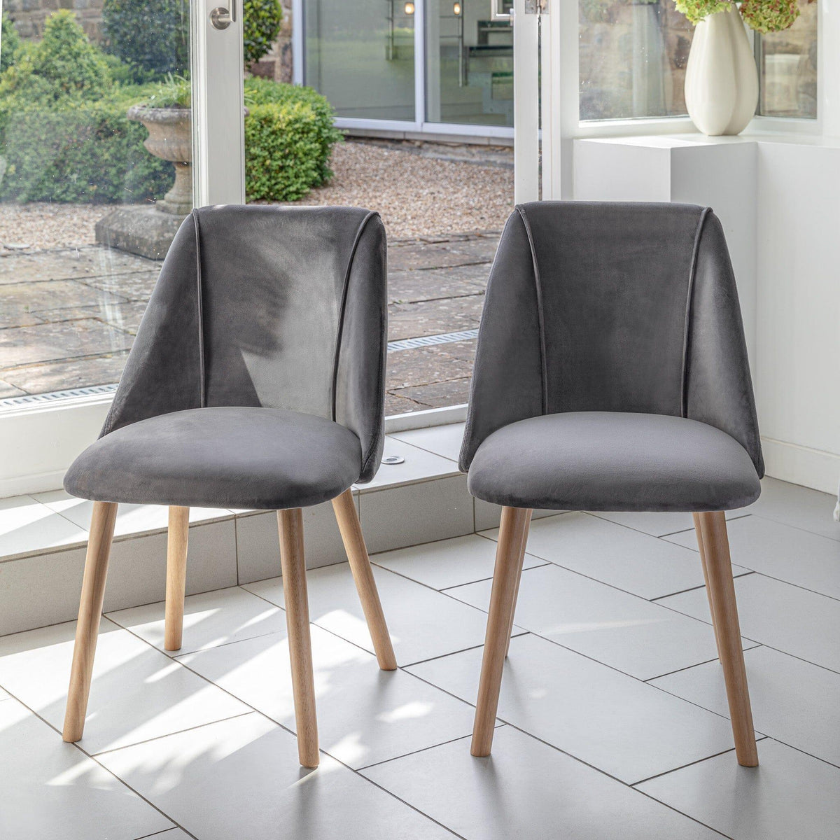 OUTLET - Freya Grey Velvet Dining Chairs - Set of 2 - Whitewash Oak Legs