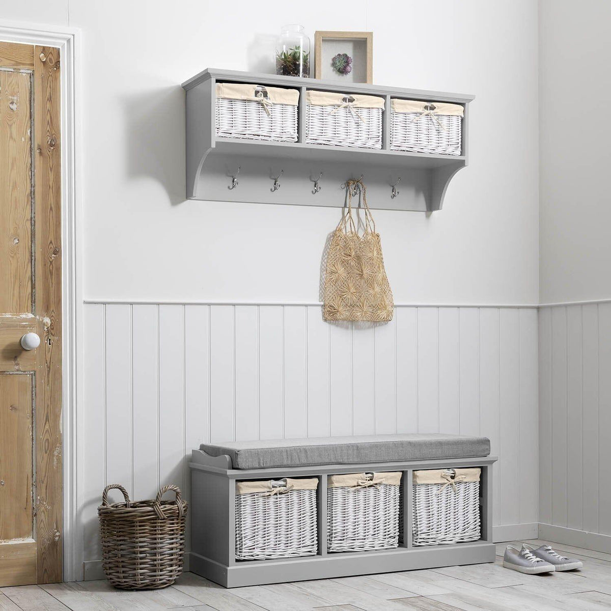 OUTLET - Fyfield Coat Rack with Shelf & Storage Baskets - White